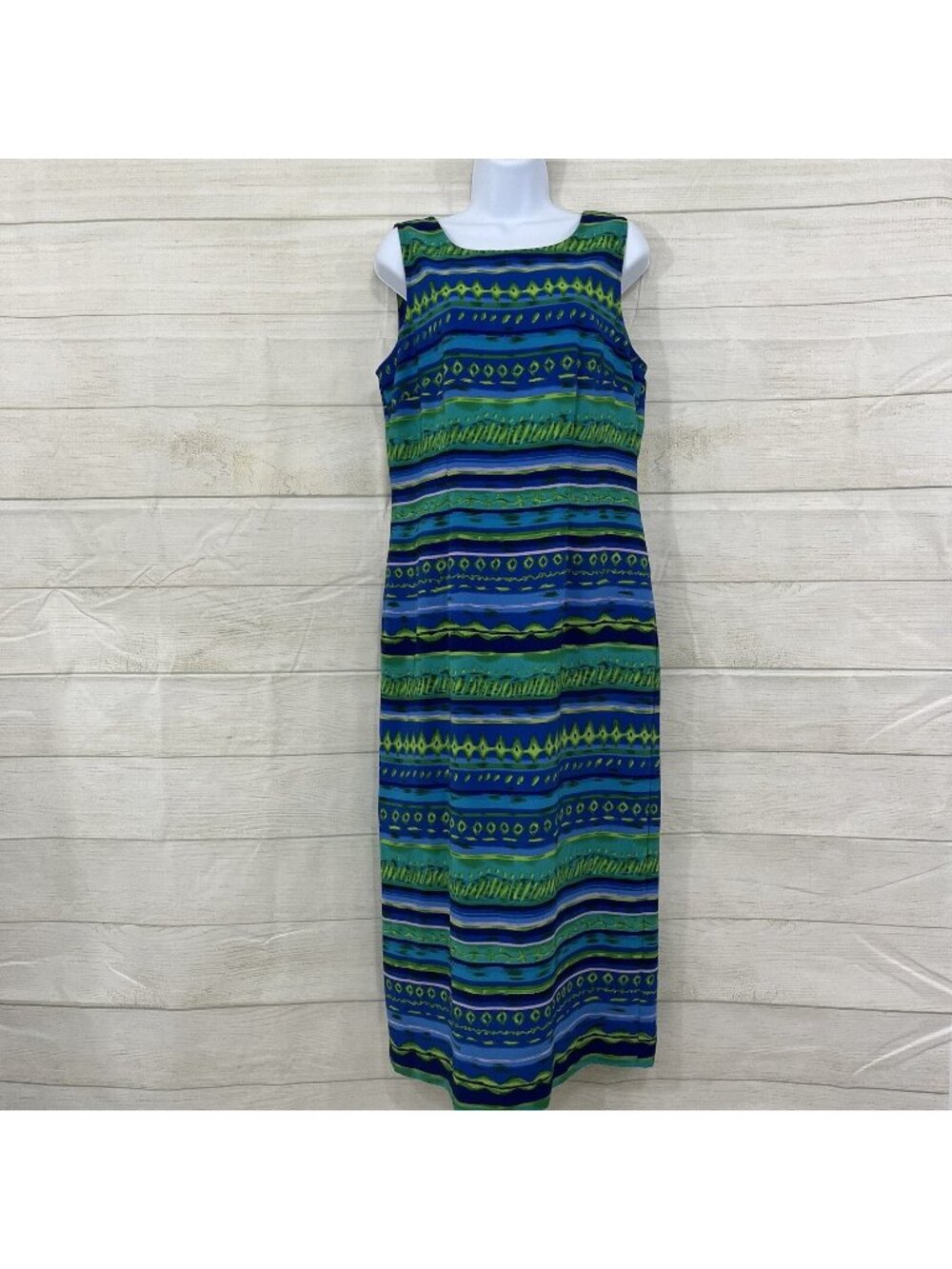 Kathie Lee Blue Green Print Slit Hem Sleeveless Maxi Dress
